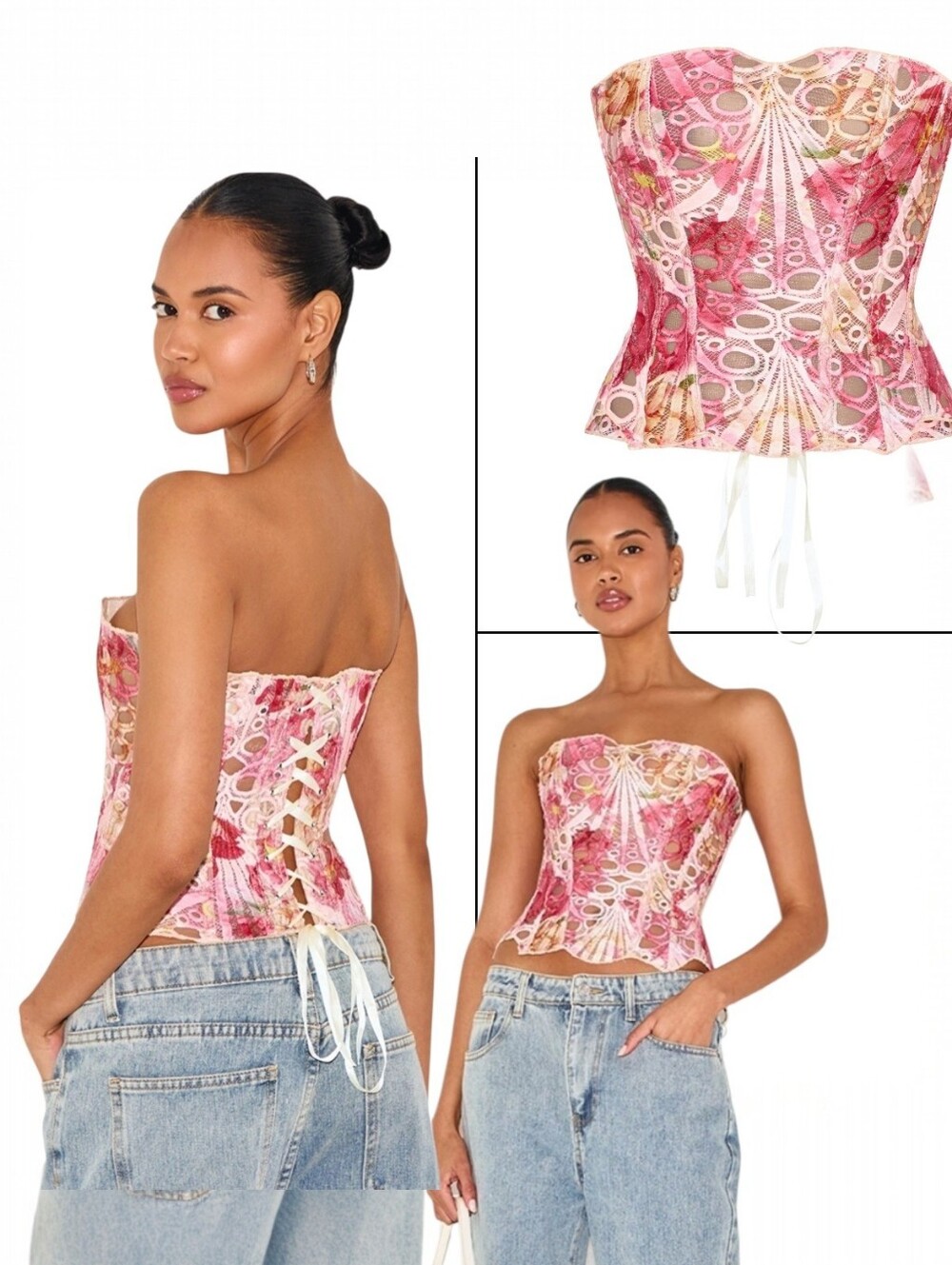 PrettyLittleThing Pink Floral Lace-Up Corset Top - Fairycore Festivalwear Size 6